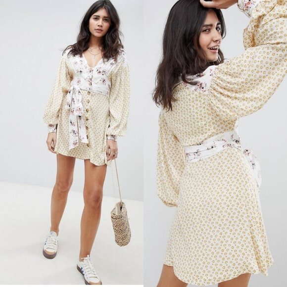 Free People Wonderland‎ Mini Dress Button Down Tie Waist Floral Size XS Bohemian - Picture 16 of 16